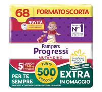 Pampers Progressi - Braga junior, talla 5 (12-18 kg), formato escolta, barrera Stop&Protect, pieles delicadas, eliminación fácil, sin pestañas, cambio rápido, 68 pañales para bebé+500 puntos de regalo