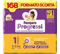 Pampers Progressi Newborn 168 Pañales, Talla 1 (2-5 kg) | Formato de escolta, indicador de mojado, pieles delicadas, pestañas reforzadas, anti-fugas