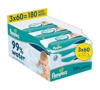 Pampers Toallitas húmedas para bebés con 99% de agua, sin plástico, 3 paquetes de 60 toallitas = 180 toallitas húmedas para bebés, loción ligera con 99% de agua