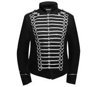 Pamposh Chaquetas Steampunk Hussar Military Drummer Parade - Ropa gótica Napoleón - Chaquetas de banda de marcha para mujer - Chaquetas Emo Punk para mujer, Negro y Plata, XL