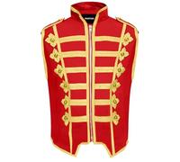 Pamposh Chaquetas Steampunk Hussar Military Drummer sin mangas para mujer, chalecos emo punk para mujer, ropa gótica Napoleón, chaquetas de banda de marcha, Rojo y dorado., M