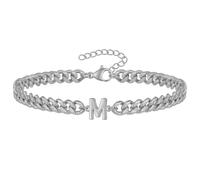 PAMTIER Cubano Eslabón Inicial Pulsera para Hombres Mujeres Parejas Letra A-Z Nombre Acero Inoxidable Plata Oro Chapado Charm Personalizado Sencillo Brazalete Capital Monograma Joyería Plata M