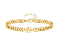 PAMTIER Cubano Eslabón Inicial Pulsera para Hombres Mujeres Parejas Letra A-Z Nombre Acero Inoxidable Plata Oro Chapado Charm Personalizado Sencillo Brazalete Capital Monograma Joyería Oro N