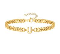 PAMTIER Cubano Eslabón Inicial Pulsera para Hombres Mujeres Parejas Letra A-Z Nombre Acero Inoxidable Plata Oro Chapado Charm Personalizado Sencillo Brazalete Capital Monograma Joyería Oro U