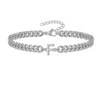 PAMTIER Cubano Eslabón Inicial Pulsera para Hombres Mujeres Parejas Letra A-Z Nombre Acero Inoxidable Plata Oro Chapado Charm Personalizado Sencillo Brazalete Capital Monograma Joyería Plata F