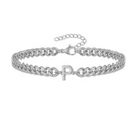 PAMTIER Cubano Eslabón Inicial Pulsera para Hombres Mujeres Parejas Letra A-Z Nombre Acero Inoxidable Plata Oro Chapado Charm Personalizado Sencillo Brazalete Capital Monograma Joyería Plata P