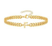 PAMTIER Cubano Eslabón Inicial Pulsera para Hombres Mujeres Parejas Letra A-Z Nombre Acero Inoxidable Plata Oro Chapado Charm Personalizado Sencillo Brazalete Capital Monograma Joyería Oro F