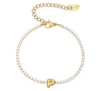 PAMTIER Inicial Pulseras para Mujeres Letra A-Z Nombre Circonita Cúbica Acero Inoxidable Plata Oro Chapado Charm Personalizado Delicado Brazalete Capital Monograma Joyería Oro P