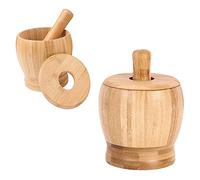 Pamtns Mortero Cocina Juego de Mortero y Maja con Tapa Mortero de Madera Manual Molinillo de Ajo Trituradora de Prensa de Madera de Bambú Mortero para Ajo Especias Jengibre Maní Nuez