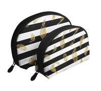 Pan De Oro A Rayas En Blanco Y Negro, Bolsa de Maquillaje de Concha, Monedero pequeño para Mujer, Bolsa de artículos de tocador, Bolsa de cosméticos, 2 Piezas