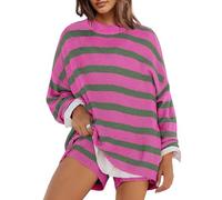 Panadila Conjunto de suéter de manga larga a rayas para mujer, conjuntos de salón de gran tamaño, conjunto de pijama a juego, suéter y pantalones cortos, color rosa y verde, talla M, rosa/verde, M