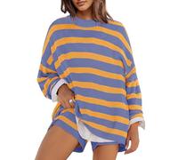 Panadila Conjunto de suéter de rayas para mujer, conjuntos de salón de gran tamaño, pijama a juego, manga larga, suéter, top y pantalones cortos, azul y amarillo, talla S, Azul y amarillo, S