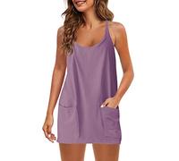 Panadila Overol sin mangas con cuello en V para mujer, con bolsillos, estilo harén casual, pantalones largos, tirantes delgados, mameluco suelto, Lavanda, Large