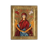 Panagia Agia Zoni - Icono de madera en relieve sobre lienzo con fondo dorado del monte Athos (19 x 15 cm)