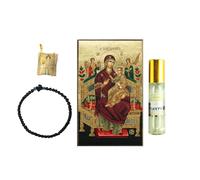 Panagia Pantanassa Icon, auténtica cuerda de oración, mirra sagrada y amuleto protector - Set de regalo dal Monte Athos