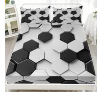 Panal GeoméTrico Estilo FúTbol Sábana Bajera Ajustable 150x190x30cm, Transpirable Tacto Suave Sábana, En Blanco y Negro Sábana Bajera Alta Comodidad Juego De Cama para Cama Matrimonial