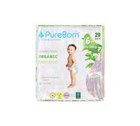 Pañales de bambú orgánico puro, tamaño 6, hipoalergénicos, 20 pañales ultra suaves (16 a 20 kg), 100% a base de plantas, ecológicos, estampados surtidos PureBorn