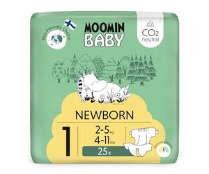 Pañales Muumi Baby Eco Newborn Talla 1, 2-5 kg, 25 pañales premium con indicador de humedad | suaves y agradables para la piel, sin productos químicos innecesarios |