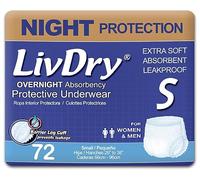 Pañales para adultos | Ropa interior protectora pequeña para incontinencia | Paquete súper absorbente de 72 unidades | Durante la noche | Unisex | LivDry