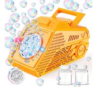 Panamalar Máquina de Pompas de Jabón, Máquina Automática de Burbujas para Niños 10000+ Pompas/Min con 6 Agujeros Grandes/Batería Recargable/Luces/2 Solución para Fiestas Boda al Aire Libre, Naranja