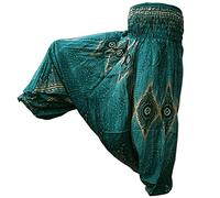 PANASIAM Pantalones Aladino Unisex - Harem & Mono 2 en 1-2 Largos | 100 % viscosa, cintura ancha, estampado ojo de pavo real, tallas L & XL, hasta 2 m de altura, pantalones Goa para yoga & ocio