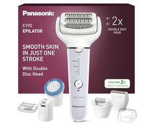 Panasonic ES-EY90-A503 Húmedo y Seco Depiladora, Doble Disco con 60 Pinzas, Flexible 90º Pivotante Cabeza, 3 velocidad Ajustes, LED Luz, 30 Min de Operación, Cabeza para Cuidado Pies, Cabeza Afeitado