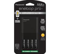 Panasonic K-KJ87K3A4BA - Cargador de batería individual con tecnología de carga portátil y 4 pilas recargables AAA Eneloop Pro, color negro