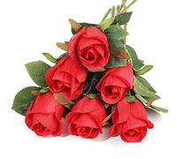 PanBeiQiWEU 6 Piezas Flores Rosas Artificiales, Rosas Flores de Imitación de Seda de un Solo Tallo, Ramos de Rosas Rojas Artificiales Falsas para Arreglos Florales Decoración