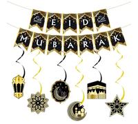 Pancarta de Eid Mubarak con remolinos colgantes islámicos, decoraciones Eid de oro negro, decoraciones de Ramadán, suministros de fiesta Eid para Eid al-Fitr Eid al-Adha decoración del hogar