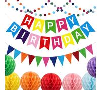 Pancarta de feliz cumpleaños arcoíris, juego de 10 decoraciones de cumpleaños arcoíris con bolas de panal, decoración colorida de fiesta de arcoíris para niñas, niños y adultos, decoración de fiesta