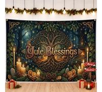 Pancarta de fondo celta de árboles de la vida Yule Blessings | Nudo celta, telón de fondo de fotografía, conos de pino, rodajas de naranja seca, follaje botánico de invierno
