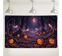 Pancarta de fondo con temática de Halloween de Jack-o'-Lanterns, 71 x 43 | Paisaje de bosque embrujado, telón de fondo de fotografía, espíritus brillantes, hojas de otoño, ambiente espeluznante
