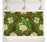 Pancarta de fondo floral botánico de loro tropical, 71 x 43 pulgadas | Flores de plumeria, telón de fondo para fotografía, follaje tropical, ilustración botánica, diseño de pájaro exótico