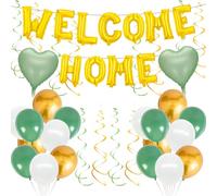 Pancarta de globos de bienvenida para decoración del hogar, 43 pancartas de bienvenida de oro verde con corazones, globos de papel de aluminio, espirales de cola doble, espirales para regreso a casa
