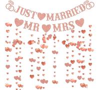 Pancarta de recién casados, decoración para recién casados, guirnalda de corazones brillantes para Sr. y Sra., juego de decoraciones colgantes para boda, pancarta de boda