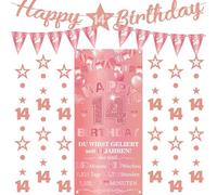 Pancarta decorativa para el 14º cumpleaños para niña, 9 unidades, oro rosa, Happy 14th Birthday Background Banderas Triangle Number 14 Circle Dot Twinkle Star Garland Für Sie 14 Jahre Party Dekoration