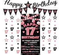 Pancarta decorativa para el 17º cumpleaños para niña, 9 unidades, color negro y oro rosa, Happy 17th Birthday Background Banderas Triangle Number 17 Circle Dot Twinkle Star Garland Für Sie 17 Jahre