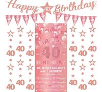 Pancarta decorativa para el 40º cumpleaños de mujer - 9 unidades de oro rosa Happy 40th Birthday Background Banderas Triangle Number 40 Circle Dot Twinkle Star Garland für Frauen 40 Jahre Party