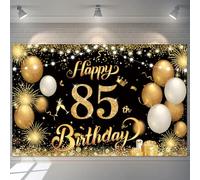 Pancarta dorada de feliz cumpleaños número 85, telón de fondo de 1,1 x 1,8 m, decoración de cumpleaños número 85 para mujeres y hombres, suministros de fiesta de aniversario de 85 años (negro dorado)
