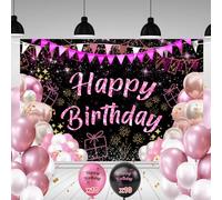 Pancarta Feliz Cumpleaños 110x180cm + 20 Globos | Cartel Decoración Fiesta Adulto Hombre Mujer | Photocall Cumpleaños Rosa | Telón Fondo con Cuerda | Adornos y Decoración (Rosa Happy Birthday)