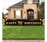 Pancarta grande para decoración de 70 cumpleaños, color negro y dorado con texto en inglés "Happy 70th Birthday", suministros de decoración para parte de 70 cumpleaños (3 x 0,5 m)