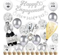 Pancarta plateada para decoración de fiesta de compromiso - 37 piezas con purpurina Happy Engagement She Said Yes Banners Cupcake Toppers Diamond Ring Wine Glass Bottle Foil Balloons for Proposal