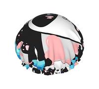 Panda Cute Pink Hearts Pattern Gorro de ducha y gorro de baño para mujer, gorros de ducha impermeables de gran tamaño reversibles grandes diseñados para todas las longitudes de cabello, gorro de bañ
