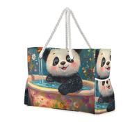 Panda de dibujos animados retro tina a prueba de arena hombro fin de semana con bolsillos laterales bolsa de viaje playa para piscina gimnasio comestibles viajes