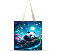 Panda de vista nocturna Bolsa de Lona 38x34cm Tote Bag sin Cremallera,juego de 1 Canvas Tote Bags para Mujer,Bolsa de Compras Plegable,Bolso de Mano Lavable para Compras,Trabajo,Vida Cotidiana,Viajes