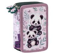 Panda - Estuche para lápices (3 compartimentos, 44 piezas, relleno para niños, niñas, 20 x 13 x 7 cm), diseño de oso panda, color rosa y verde