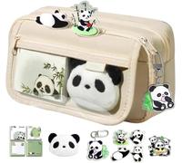 Panda - Estuche para lápices multicolor de gran capacidad, color beige | Bolsa de papelería con cremallera, incluye bloc de notas, llavero de broche de panda, estilo kawaii, para niñas