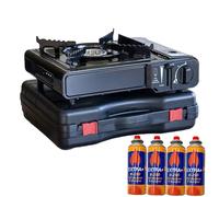 Panda Home Hornillo de Gas Portátil para Camping con Maletín + 4 Cartuchos de Gas Butano - Sistema de Seguridad contra Sobrecalentamiento, Compatible con Cartuchos y Bombona de Gas