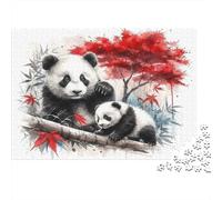 Panda Mother and Cub 1000 Piezas Rompecabezas Adultos Pandas en Rama con Árbol de Otoño Rojo Vibrante Desafiante Difícil Premium Robusto Vibrante Alivio Estrés Juego Familiar 38x26cm/1000pcs