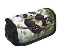 Panda on The Tree Branch Estuche organizador de gran capacidad para bolígrafos con 3 compartimentos, bolsa grande para lápices con cierre de tela para adultos, bolsa de maquillaje portátil (negro)